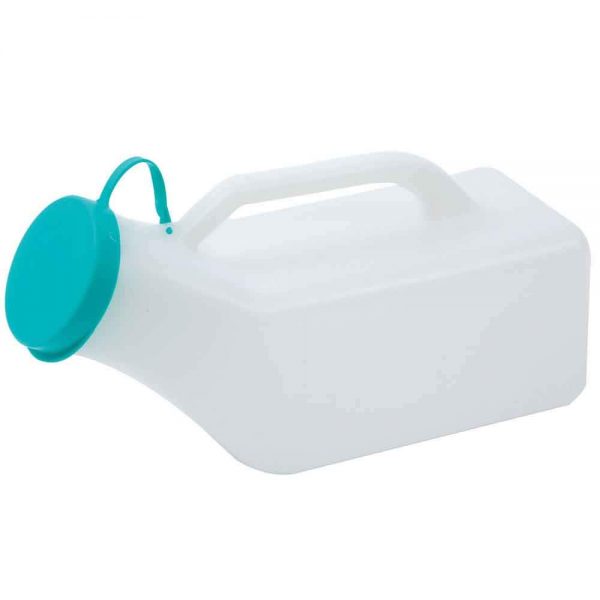 Male urine bottle often refered to as urinal with 1000ml capacity and lid to prevent spills.
